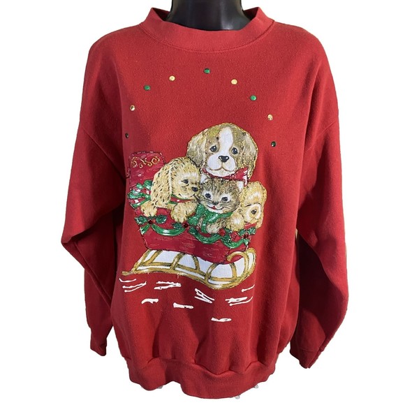Tultex Tops - Vintage Embroidered/ Puppies In Sleigh Santa With Gifts 2side Sweatshirt Size XL